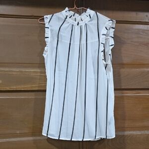 Who What Wear White Tank with Black Vertical Stripes and Ruffle Trim Neckline